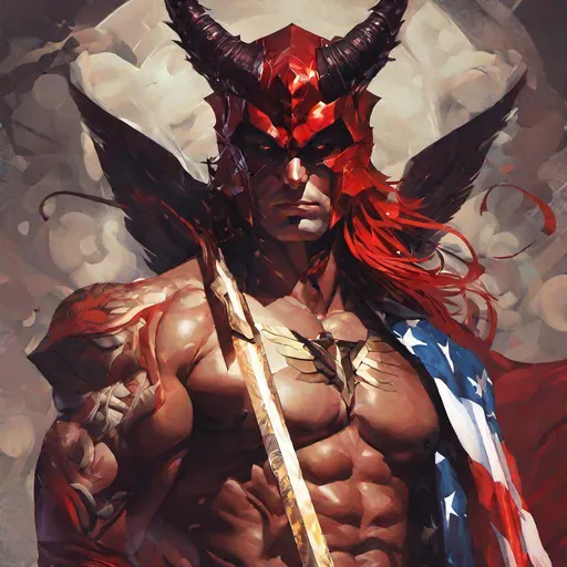 Prompt: Satan, digital artwork, digital illustration, trending on artstation, 4th of July, man, male, masculine in the style of Artgerm, Arthur Suydam, Alex Maleev, Shintaro Kago, Gil Elvgren, Greg rutkowski, dark color palette, amazing shading, masterpiece, 4k, intricate detail