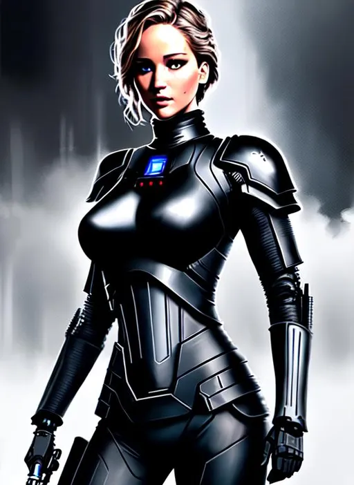 Prompt: Jennifer Lawrence as a sith, black armoured dress, robotic arm, realistic eyes, highly detailed, digital painting, HD quality