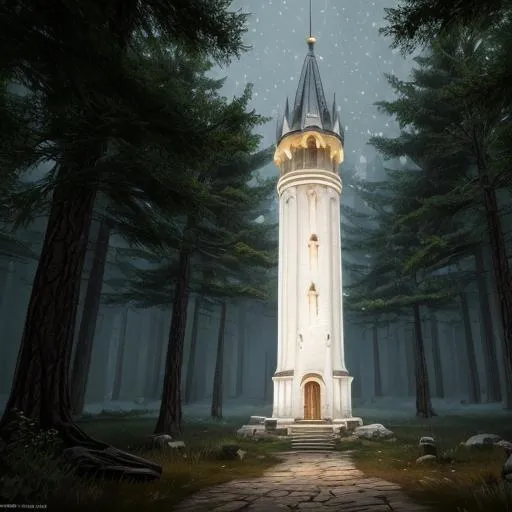 Prompt: tall thin white stone tower in a forest, glowing, lightning ,stars, magic the gathering, fantasy art, fantasy, wizard, concept art, artstation, award winning, 
