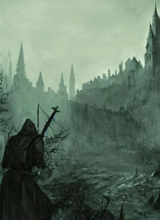 Prompt: Illustration. Dark souls inspired castle in the distance. Corpses in the foreground. 