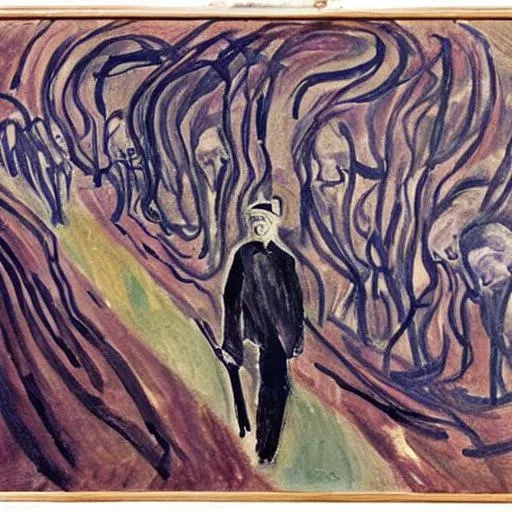Prompt: Painting in the style of Munch showing an old army general surrounded by ghosts of his friends