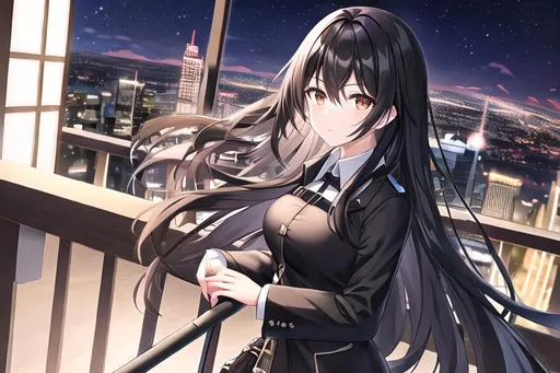 Prompt: female with medium-long black hair, brown eyes, looking out a window at a nighttime cityscape, she has a scythe 