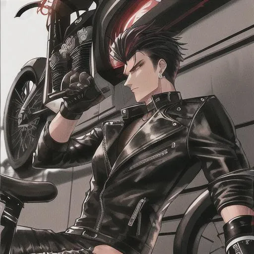 Prompt: Tall, fit, lean biker with red eyes, black hair, wearing a full leather outfit sitting on a chopper
