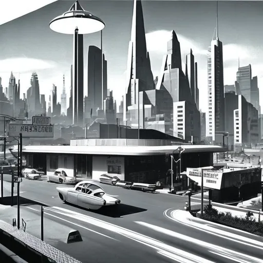 Prompt: Clean, detailed late 1950s 1960s retro futuristic city with midcentury modern or googie architecture. Black and White Noir