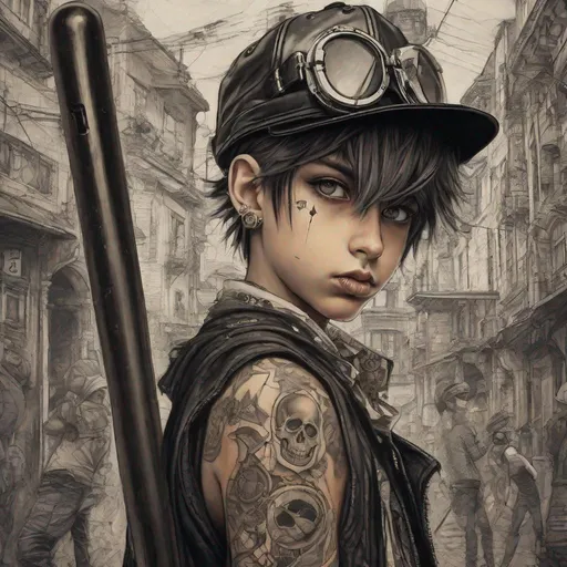 Prompt: delinquent steampunk street punk in emo style clothes holding baseball bat from behind, looking at viewer, 1boy, bob cut, (sidelocks:1. 3), tongue out, closed mouth, squatting, torn clothes, piercings, jewelry, tattoos, observatory, finely detailed background, amazingly intricate background, incredibly absurdres, best quality, by sylvain sarrailh, trending on artstation, tropical vibe, boho chic, very anime, streaming on twitch, inspired by Dorothy Hood, magali villeneuve', blessing palms, beach aesthetic