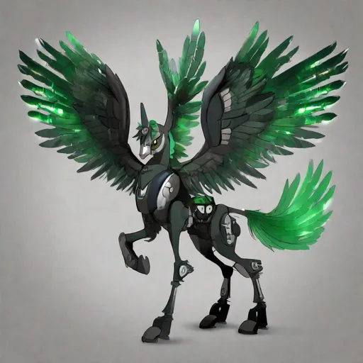 Prompt: Your OC is a small twisted pegasus bipedal animatronic, with focused emerald eyes. They identify as male, and have a high-pitched voice. As an accessory, they have nothing, and they can be seen holding a weapon for safety. standing on two legs, FNAF style
