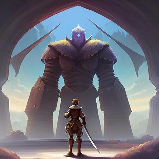 Prompt: concept art, a swordman facing a giant dream golem