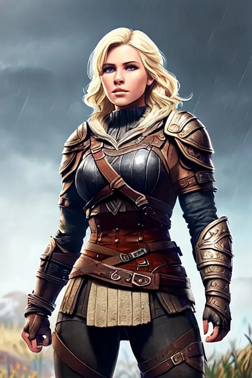 Prompt: digital art, 27-year-old Young woman viking, blonde hair, Quite well-built and lean muscled, black pants, assassin's creed odyssey armor, orange armor, orange gear, Green-gold eyes, short blonde hair with streaks of blonde Curly. misty and/or rainy weather, hair Bordering between blond and dirty blond, full body, full armor, unreal engine 8k octane, 3d lighting