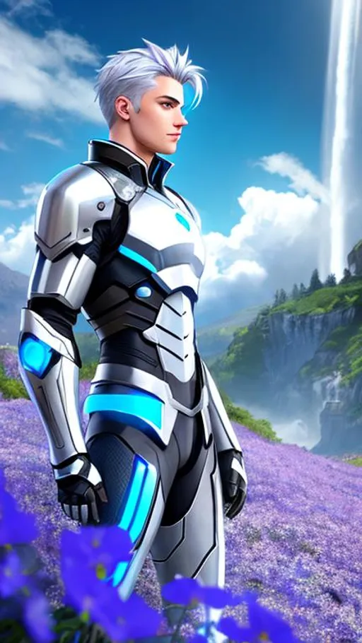 Prompt: Young male cyborg,blue eyes, silver hair, UHD, 8k, side view, muscular body, very real, Very detailed, panned out, 32k, his face is visible, waterfall in flower meadow background,neon lights