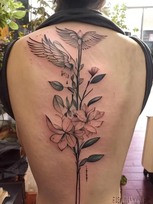 Prompt: 2 tattoos, botanic Plant with Flower and a wooden human with Wings in watercolor