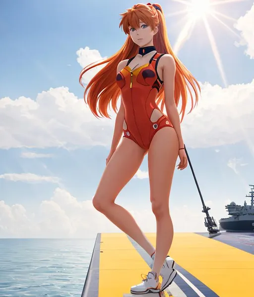 Prompt: Asuka Langley from neon genesis evangelion laying on gray aircraft carrier in the ocean,
((photograph, photographic photo, photogenic, rule of thirds, anime, illustration)), 
Azulejo,full body,character creation finely detailed, realistic, masterpiece, best quality, illustration,sunrays,blue sky HDR 8K, artstation, pixv, unreal engine 5,