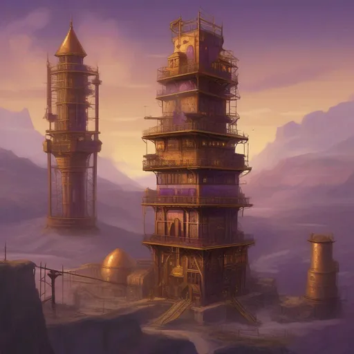 Prompt: Fantasy art of a tall wide factory tower with walls made of copper, iron, gold, and bronze. There is an amethyst on on “TOP” of the tower.