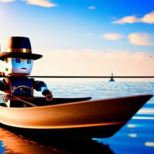 humanoid steapunk robot, wearing hat, fishing in a b