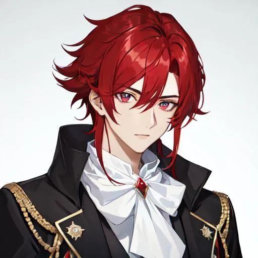 Prompt: Zerif 1male (Red side-swept hair covering his right eye) wearing a black royal suit, white cape, 