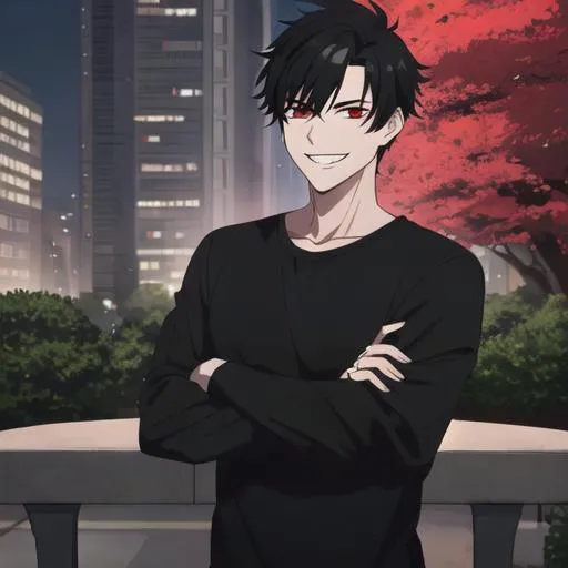 Prompt: Damien (male, short black hair, red eyes) in the park at night, grinning sadistically, casual outfit