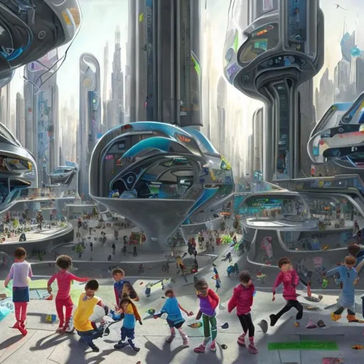 Prompt: kids playing in a futuristic city, realism, detail, utopia