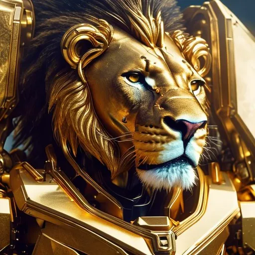 Prompt: 64K UHD, close up polaroid image of a mecha lion, gold plated armor, intricate details, canon wide angle shot