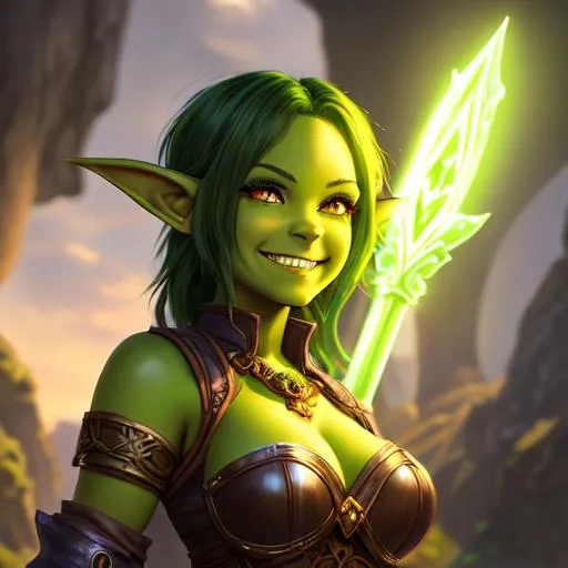 Prompt: oil painting, D&D fantasy, green-skinned-goblin girl, green-skinned-female, small, beautiful, short bright brown hair, wavy hair, smiling, pointed ears, fangs, looking at the viewer, cleric wearing intricate adventurer outfit, #3238, UHD, hd , 8k eyes, detailed face, big anime dreamy eyes, 8k eyes, intricate details, insanely detailed, masterpiece, cinematic lighting, 8k, complementary colors, golden ratio, octane render, volumetric lighting, unreal 5, artwork, concept art, cover, top model, light on hair colorful glamourous hyperdetailed medieval city background, intricate hyperdetailed breathtaking colorful glamorous scenic view landscape, ultra-fine details, hyper-focused, deep colors, dramatic lighting, ambient lighting god rays, flowers, garden | by sakimi chan, artgerm, wlop, pixiv, tumblr, instagram, deviantart