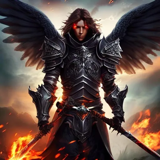 Prompt: brave 
 hero dark angel  handsome knight royal castle 17 year old grasslands  beautiful sky nice lights and a dragon behind him wings in the day realistic face lighting and red lighting with sword and sword 
upclose picture fire and lighting


