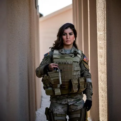Prompt: war photography, (cinematic lighting:1.1), hip level shot, dynamic angle, highest quality, photo of (female US army special forces soldier taking cover behind wall in middle eastern compound), perfect face, [[dirty]], worried expression, (wearing ops-core FAST helmet, Cyre Precision AVS chest rig, HSGI SureGrip Battle belt, Cyre Precision MultiCam Combat uniform, battlepack, boots:1.2), BREAK athletic body, bullet holes in wall in background, photographed on a Fujifilm GFX 100S, 80mm f/1.7 lens, film-like, (Zero Dark Thirty film still), sharp focus, (full body:0.9)
