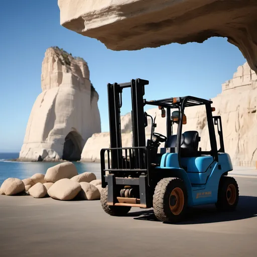 Prompt: Composition:

    Place a forklift in the foreground, well-lit and in focus. Be sure to show clear details of the machine, such as its forks and wheels.

Background:

    In the background, it represents the La Portada Natural Monument. Capture the majesty of this rock formation, highlighting its beige tones and the blue sea that surrounds it. It includes the clear sky of Antofagasta to give a feeling of spaciousness.

Perspective:

    Consider using a slightly angled perspective, where the crane is located in the lower corner, while the Cover unfolds on the horizon, creating a visual connection between both elements.

Color and Style:

    Use warm, natural colors for the crane, contrasting with the colder tones of the sea and sky. Make sure the lighting highlights both elements in a balanced way.

Additional Elements:

    You can add details like a road or an industrial environment in the background to contextualize the crane, but without distracting from the Cover.