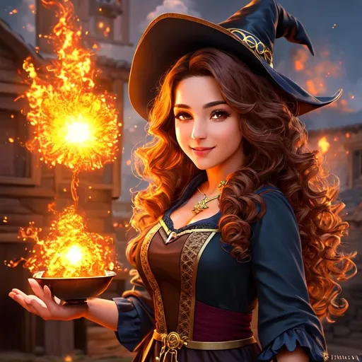 Prompt: 4K, 16K, high quality, extremely detailed, highly realistic, picture quality, latina, brown long hair (curly - wavy ) (female), fantasy, witch (female), playful, happy, casting a fireball,bomb
,house,boy
