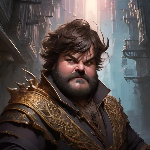 Prompt: character portrait of a {Jack Black as a fantasy Bard}, smooth soft skin, big dreamy eyes, beautiful intricate beard, symmetrical, anime wide eyes, soft lighting, detailed face, by leiji matsumoto, stanley artgerm lau, wlop, rossdraws, concept art, digital painting, looking into camera, fantasy city off in the distance