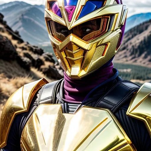 Prompt: Power ranger with gold and purple armor, high details, 64K, hdr, perfect lighting, symmetrical body, landscape