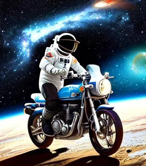 Prompt: Astronaut riding a motorcycle through space, galaxy, amazing, beautiful, realistic, best art