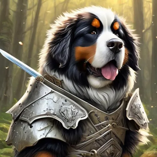 Prompt: bernese mountain dog dressed in shiny armor holding a sword on his mouth, forest, cartoon style, dnd, paladin, dog, detailed, cute, sitting dog, big eyes, adorable