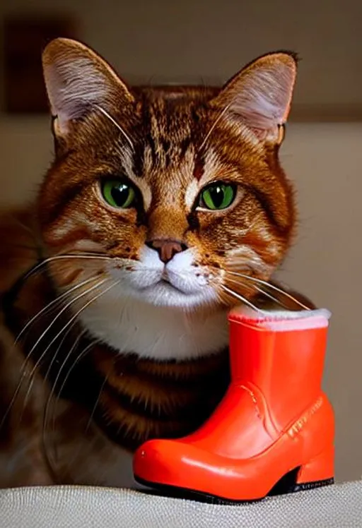 Prompt: Puss in big red boots orange cat