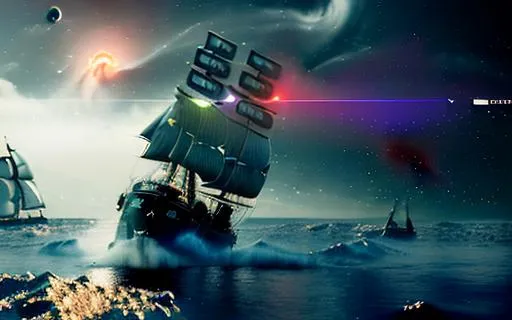 Prompt: Solar storm thrashes British Galleon sailing through space dust in galaxy dust,stars,concept,illustration,UHD,Realistic,billion stars