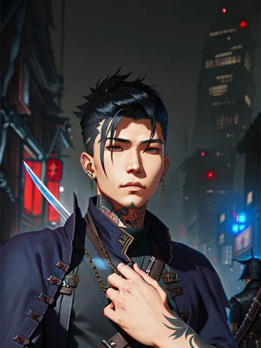 Prompt: a male 18 years, bounty hunter, assassin's clothes, looking from the back, civil war, dark fantasy, fantasy art, hallyu, oni, city background, ray tracing reflections, 32k, krenz cushart, manhua, tattoos on face 