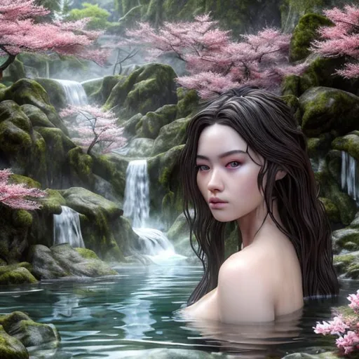 Prompt: (masterpiece) (very sharp) (4K UHD) (best quality) (hyper realistic). woman taking bath into japanese hot springs, extremely detailed face, extremely detailed eyes, absolutely real, extremely detailed hair, straight long hair, 3D illustration, extremely detailed lips, extraordinary beauty, cherry blossom background, waterfall background, fullbody view.