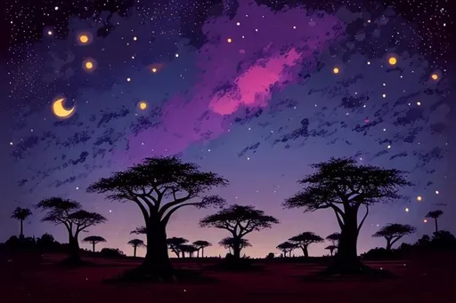Prompt: a dark night sky over a savannah full of bright stars, cartoon in the style of the lion king