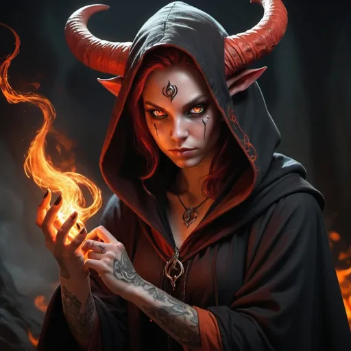 Prompt: Vivid red, teenage girl Tiefling warlock with beautiful face, tattooed around eyes, sweeping back horns, slim, cloven hooves, clawed hands, long thin prehensile fiendish tail, dark gray hooded cloak, burning orange pupilless eyes, small black imp peeking around her legs, casting a spell of fire, highres, detailed, fantasy, dark fantasy, dramatic lighting, hooded cloak, fiendish details, intense gaze, demonic, professional rendering