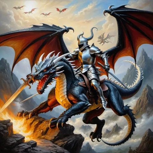 Prompt: Black Dragons and white Dragons in arial combat, Dragon riders in armor with spears while riding the dragons, fierce expressions, mythical landscapes, high fantasy, Dragon riders, Chivalric Knights, in realistic oil painting, flying through the sky in combat, majestic dragons  mythical landscapes, high fantasy, oil painting, vibrant colors, epic scale, detailed armor, stunning face, atmospheric lighting, professional, highres, fantasy, oil painting, ethereal, fierce expression, varied colors, high fantasy