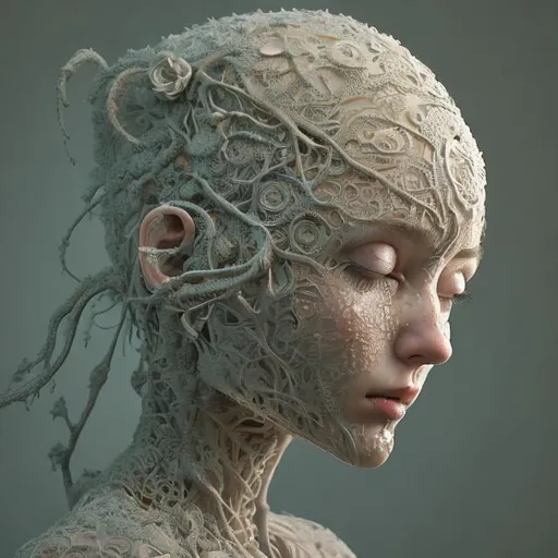 Prompt: He has a keen eye for intricate detail, with a timeless palette, and his work has often been described as hyper-real. An evolving love affair between the visual balance of life and death, Billelis portrays his own fears and beliefs through the medium of decorated digital sculpture. Women figure
 
 