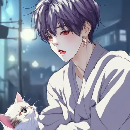 Prompt: anime jimin at night sitting on the ground and looking at kitten