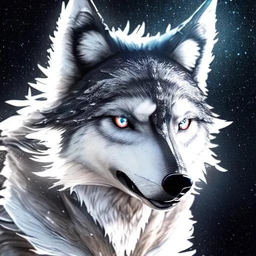 Prompt: Sci-fi wolf, hyper-realistic wolf with detailed eyes, intricate detailed whispy fur, black and white fur, full color spectrum , scientific glasses, space background, full moon, 3d avatar, show body, serious looking, Business style, looking at sky, youtube logo , stream ready, rounded shimmering eyes