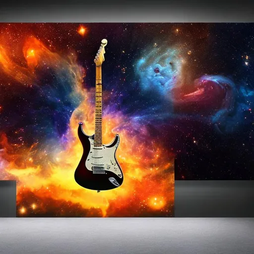 Prompt: panoramic view of a gold turkey playing guitar on the street corner, vanishing point perspective, galaxy and nebula background