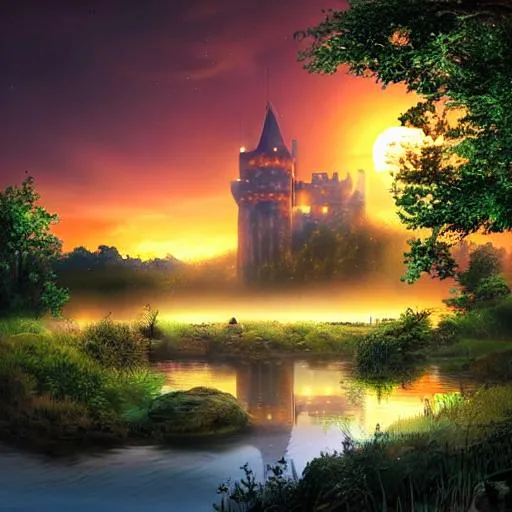 Prompt: majestic castle, glowing light, warrior at the entrance, water around the castle, sunset, hyper realistic,