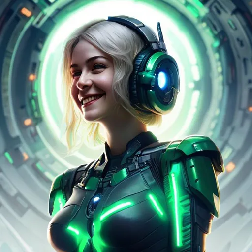 Prompt: attractive early-twenties woman,  green hair, smiling, futuristic, spaceship, portrait, realistic details, photorealistic, 8K render, cinematic lighting,  ultra detailed