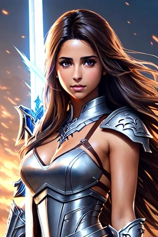 Prompt:  Naomi Scott struck by realistic lightning, sword sleeveless, brown hair, brown eyes, wearing white demon knight armor from FFXIV,, ethereal, happy, jewelry set balayage wild hair, royal vibe, highly detailed,realistic lightning highly detailed face, digital painting, Trending on artstation , HD quality, tan skin,artgerm,  by Ilya Kuvshinov 