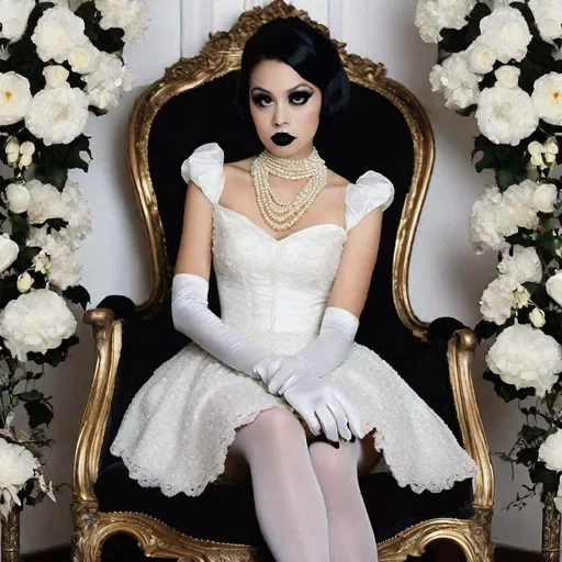 Prompt: RAW photo, Indonesian goth woman, 25 year old, (round face, high cheekbones, almond-shaped brown eyes, small delicate nose), straight black hair, pearl necklace, white goth dress, white petticoat, white gloves, white stockings, white tights, black lipstick, black eye make-up, sitting on ornate chair, large black flowers, masterpiece, intricate detail, photorealism, octane render, hyper-realistic, octane render, 16K, award-winning photograph, UHD, HDR