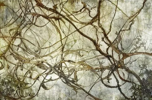 Prompt: Densely tangled branches evocative, highly detailed,  Symbolism, Ornamental, silver background, Claire Basler, Laurence-Amèlie