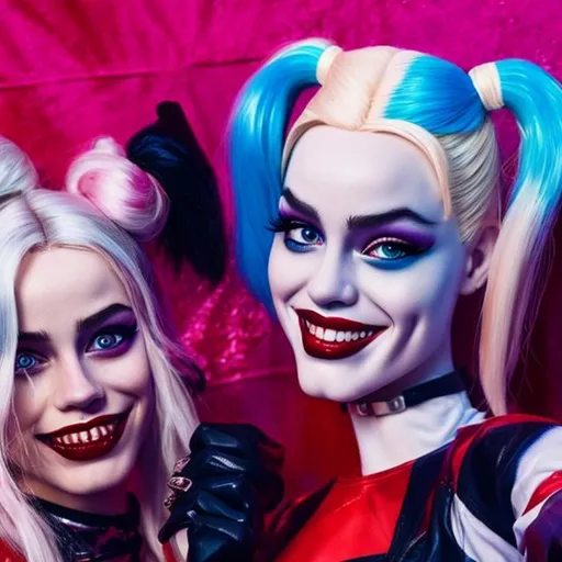 Prompt: Harley Quinn and barbie taking a selfie together, realistic 