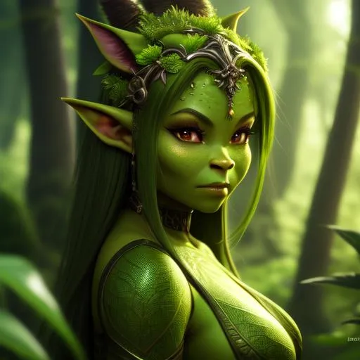 Prompt: {{{digital painting, highly-detailed symmetric perfectly female body cinematic forest enviroment, spotlight,perfect composition, hyperrealistic, super detailed, 8k, high quality, sharp focus,intricate details, highly detailed, dynamic lighting, detailed and intricate environment,}}} {goblin, orc, short, green skin, cute}