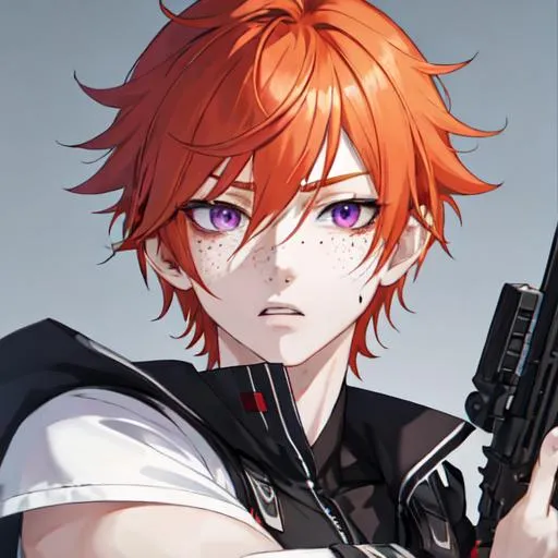 Prompt: Erikku male adult (short ginger hair, freckles, right eye blue left eye purple)  Highly detailed, insane detail, anime style, covered in blood, psychotic, pointing a shotgun straight at the camera