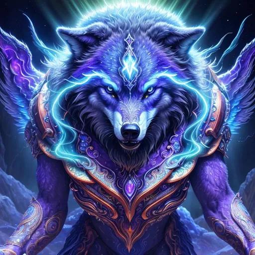 Prompt: insanely beautiful wolf, ancient, celestial guardian, growling, glaring, global illumination, psychedelic colors, illusion, finely detailed, calm, detailed face, beautiful detailed eyes, beautiful defined detailed legs, beautiful detailed shading, masterpiece, professional oil painting, epic digital art, best quality, slender, highly detailed body, (lightning halo), tilted halo, {body crackling with lightning}, billowing wild fur, lilac magic fur highlights, majestic wolf queen, magic jewels on forehead, lightning blue eyes, flaming eyes, ice elements, {auroras} fill the sky, {ice storm}, crackling lightning, (lightning halo), tilted halo, corona behind head, highly detailed pastel clouds, lightning charged atmosphere, full body focus, presenting magical jewel, beautifully detailed background, cinematic, Yuino Chiri, Anne stokes, Kentaro Miura, 64K, UHD, intricate detail, high quality, high detail, golden ratio, symmetric, masterpiece, intricate facial detail, high quality, detailed face, intricate quality, intricate eye detail, highly detailed, high resolution scan, intricate detailed, highly detailed face, very detailed, high resolution, medium close up, close up